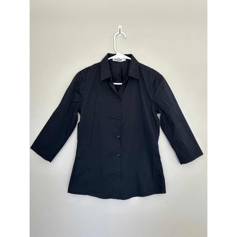 Jil Sander Women 36 navy blue Stretch Cotton Poplin Shirt 3/4 Sleeve Made Italy